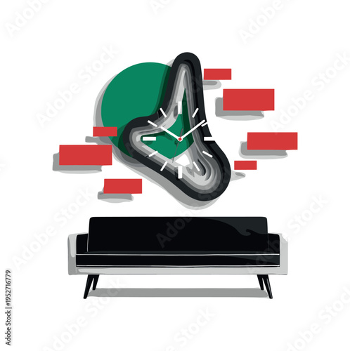 Black and white mid-century style sofa beneath a uniquely shaped asymmetrical wall clock, large emerald green circle partially hidden behind the clock, red