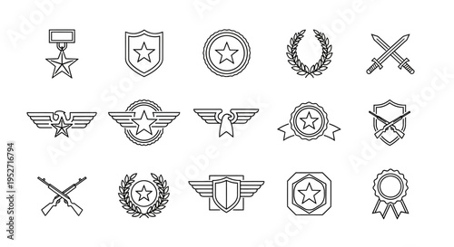 Collection of military and army badges, emblems, medals, and insignia in line art style on a white background.
