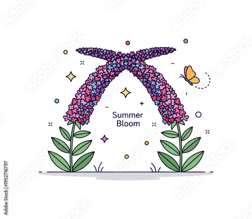 Butterfly bush summer garden scene centered on arching stems covered in vibrant flower spikes. A single butterfly hovering nearby and a small ?Summer Bloom?