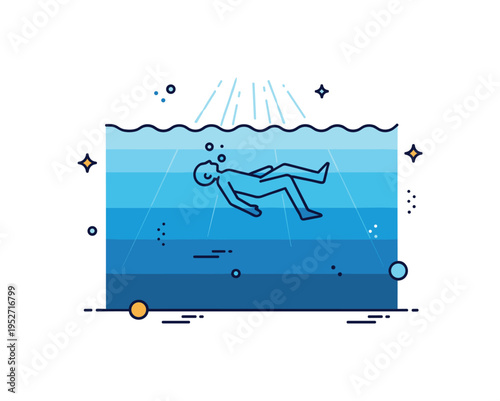 Figure submerged in deep water illustrated by a calm human silhouette floating beneath layered blue tones, expressing stillness and quiet immersion. A compact