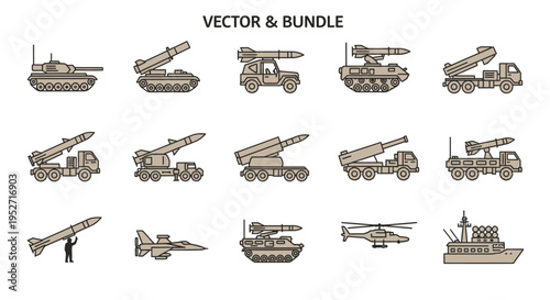 Pixel art military vehicles and weapons icons set, including tanks, missile launchers, jet, helicopter, and warship.