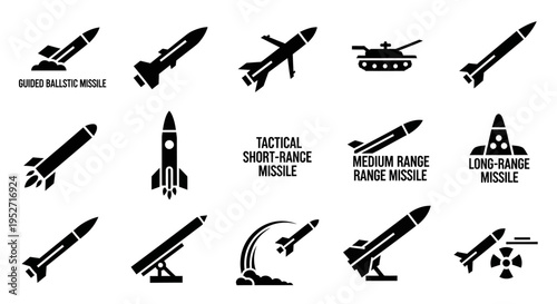 Collection of black silhouette icons depicting various types of missiles, rockets, and military weaponry, including guided ballistic, tactical short-range, medium-range, and long-range missiles.
