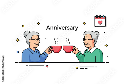 Anniversary tea celebration portrayed through a mature couple raising their cups slightly toward each other, symbolizing shared milestones and quiet joy. A