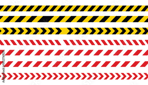 Yellow and black hazard tape and red caution tape patterns.