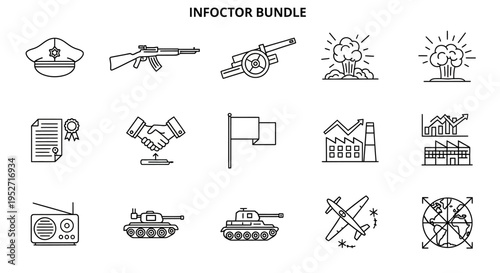 A collection of line art icons depicting military equipment, industrial facilities, communication devices, and symbols of agreement and conflict, presented as an 'INFOCTOR BUNDLE'.