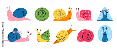 Set of cute snails in naive colorful style. Flat shapes and simple forms. Vector illustration of mollusks for childrens design, decor, patterns, stickers and educational materials.