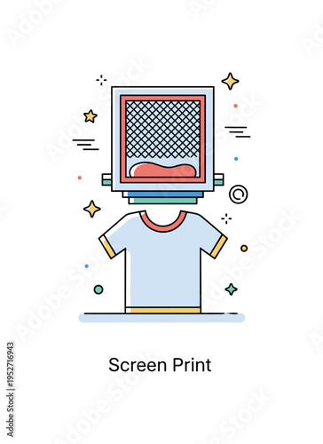 Printing techniques screen printing workshop scene featuring a simple frame with mesh screen above a T shirt silhouette, expressing handcrafted production and
