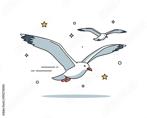 Seagulls gliding in warm air currents with wings fully extended, conveying calm coastal atmosphere and effortless motion. The small balanced composition