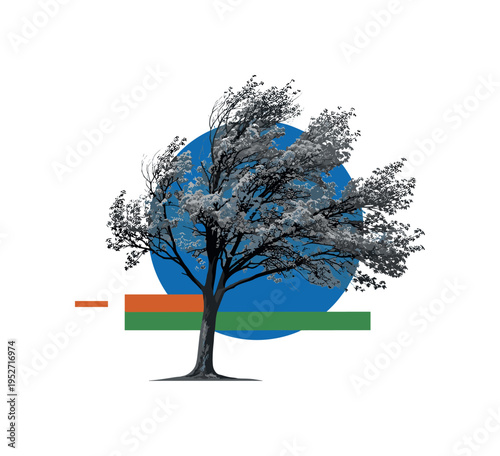Black and white tree branches shaking lightly, large cobalt blue circular core centered behind canopy, forest green horizontal bar grounding the trunk area,