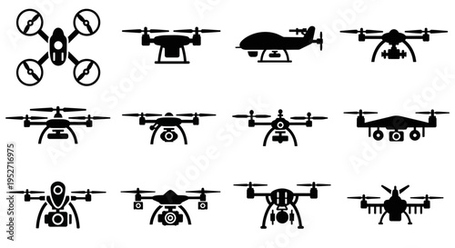 A collection of black silhouette icons depicting various types of drones and unmanned aerial vehicles, showcasing different designs and configurations.