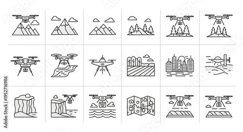 Line art icons depicting drones performing aerial surveying and mapping across diverse landscapes including mountains, forests, cities, and agricultural fields.