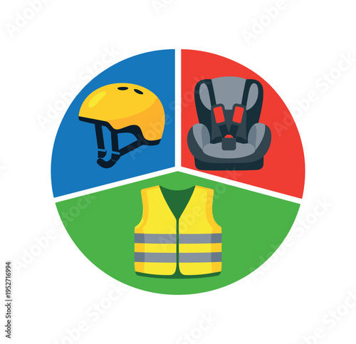 Circular three-part icon showing a helmet, child car seat, and life vest
