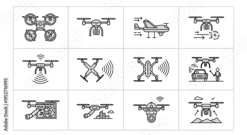 Line art icons depicting various types and applications of drones, including surveillance, delivery, mapping, and signal transmission.