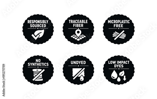 Six black scalloped circular badges with textile and sourcing icons and short sustainability claims