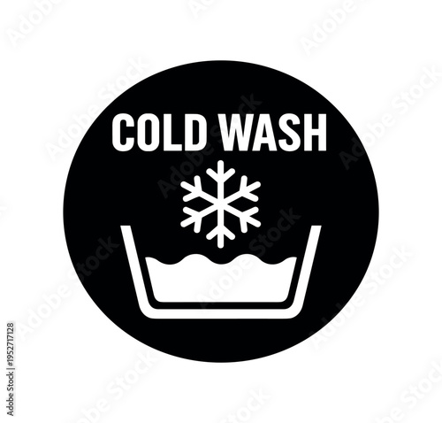 Black circular cold wash badge showing a tub of water with a snowflake icon and cold wash text