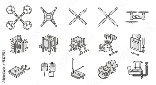 Collection of drone components and accessories including quadcopter frames, propellers, motors, gimbals, batteries, and electronic modules in a detailed line art style.