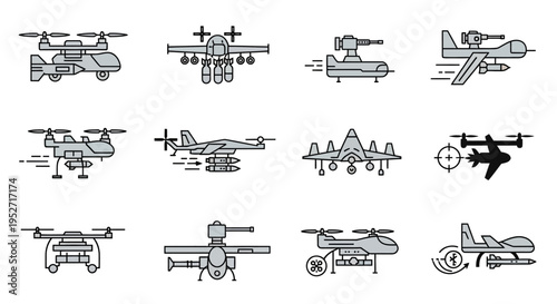 Set of various military and civilian drone icons, including armed UAVs, surveillance aircraft, and quadcopters, illustrating modern aerial technology.