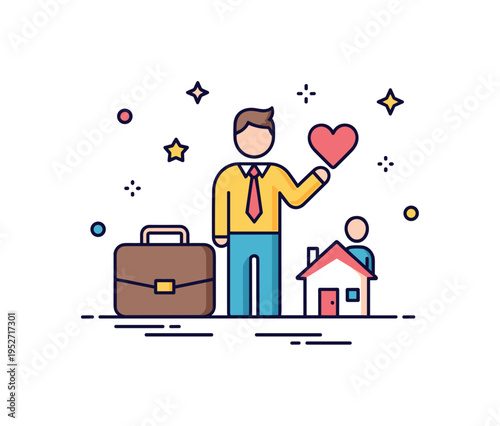 Work life balance entrepreneur theme centered on a figure between a briefcase and a small heart or home icon, symbolizing harmony between business and personal