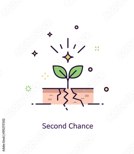 Renewal and rebirth concept centered on a small plant sprouting from cracked ground with gentle rays above. Subtle decorative dots and a soft ?Second Chance?