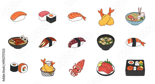 Japanese Food and Seafood Sushi Icons Set Illustration