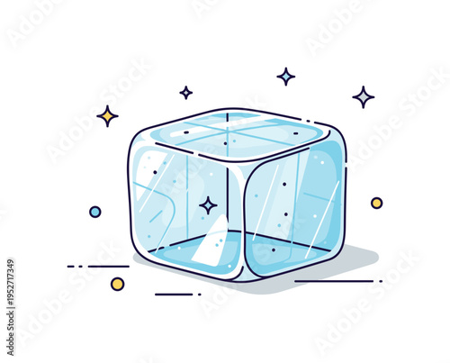 Frozen block of ice with subtle sparkles and smooth surfaces, placed on a white background to evoke minimalistic coolness and clarity. Minimalist flat vector