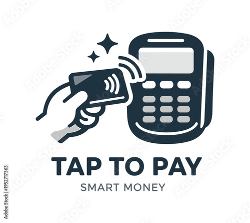 Hand holding a card tapping a point of sale terminal with contactless signal and sparkle accents