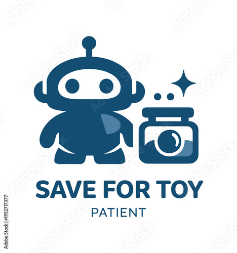 Blue robot mascot beside a coin jar symbolizing saving for a toy and patient behavior.