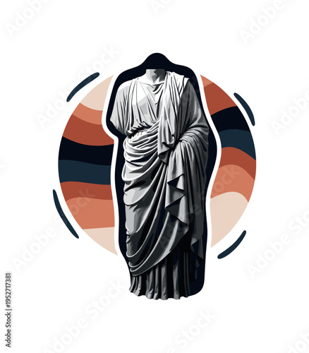 A realistic monochrome ancient Roman toga draped over a standing figure, folds abstracted into smooth geometric waves, strong vertical composition with flat