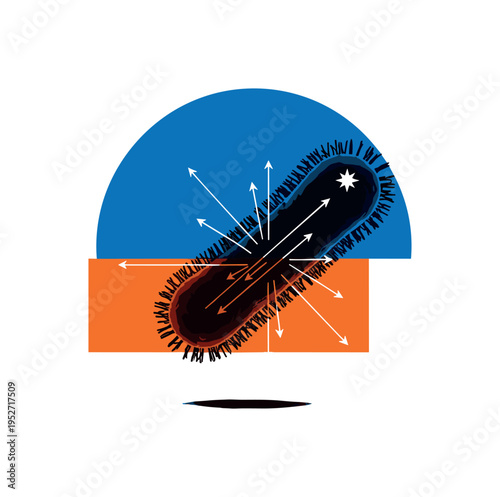 Black and white magnified bacterium silhouette floating centrally, bold blue semicircle behind upper portion suggesting microscopic field, orange rectangle