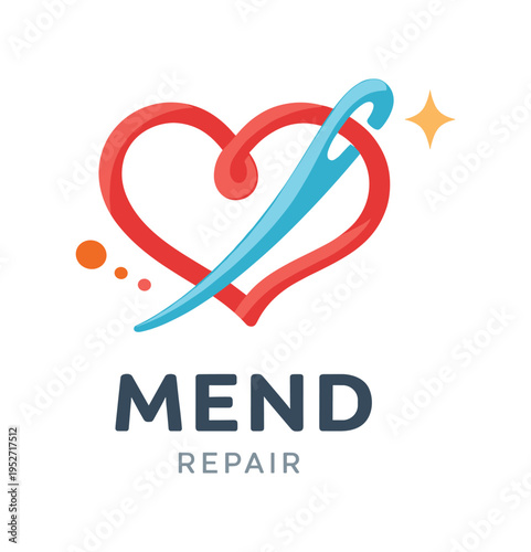 Red heart looped with a needle and stitch marks symbolizing repair and mending