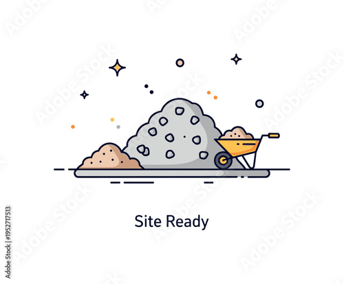 Construction material mound concept centered on a tidy gravel heap with a small wheelbarrow icon nearby. A subtle ?Site Ready? caption conveys preparation,