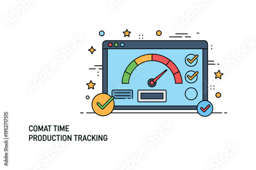 Real time production tracking interface illustrated by a digital screen displaying speedometer style gauge and checkmark status icons, communicating
