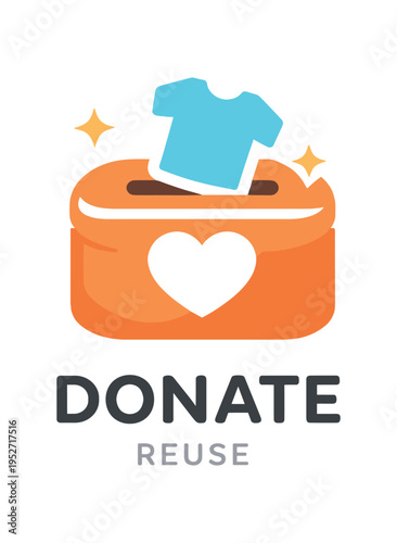 Orange donation box with white heart and a blue shirt being donated, reuse text
