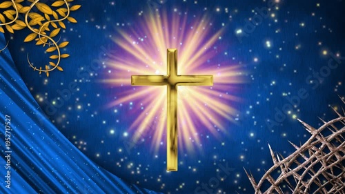 Radiant beams of light burst from the holy symbol into the magical night. A woven crown of thorns sits below while golden vines decorate the top.