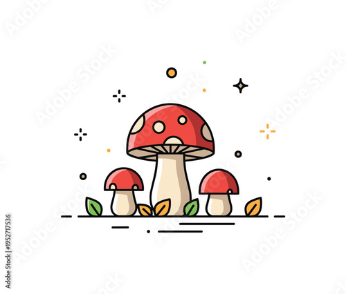 Autumn woodland mushrooms concept represented by simple toadstools surrounded by tiny fallen leaves, expressing seasonal warmth and forest charm. The balanced