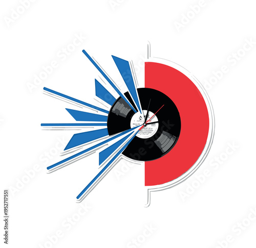 Black and white broken vinyl record reassembled into a wall clock, bold red semicircle intersecting the composition, cobalt blue geometric shards radiating