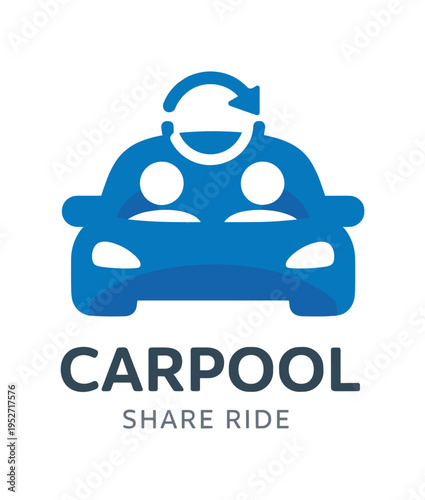 Blue car icon showing two riders and a circular arrow representing carpooling.