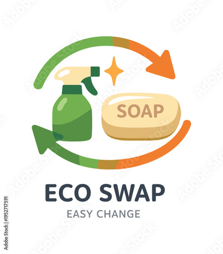 Green spray bottle and soap bar inside circular recycle arrows symbolizing eco swap and sustainable cleaning