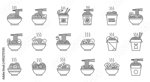 diverse hot asian ramen noodle icons showcasing dishes in bowls and takeout containers for menus and food delivery apps