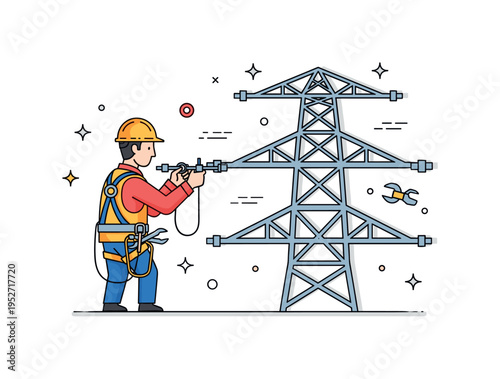 A worker tightening bolts on a high-voltage pylon with harness and tools, highlighting precision, safety, and infrastructure maintenance for energy
