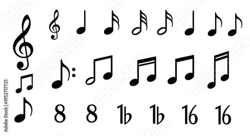 musical notes and symbols including treble clefs eighth notes and sixteenth notes for music education or graphic design.