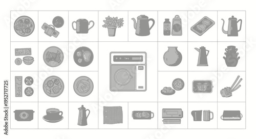minimalist vector illustration grid of everyday household items kitchenware and domestic appliances perfect for lifestyle branding