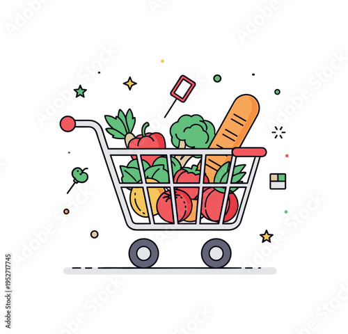 Grocery store scene simplified cart filled with fresh produce and a baguette peeking out, conveying weekly shopping and home meal preparation. Minimalist flat