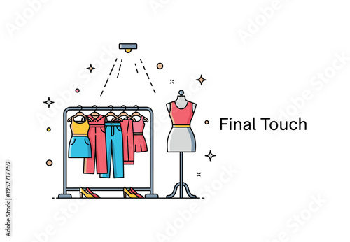 Fashion studio dressing area centered on a mannequin and a rack of coordinated outfits. A simple spotlight beam and compact ?Final Touch? caption highlight