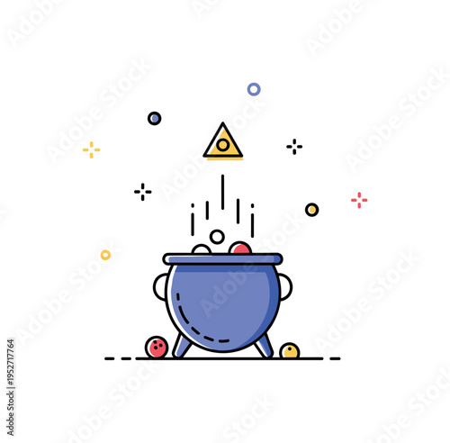 Transmutation ritual illustration showing a small cauldron with rising vapor lines and a subtle triangle symbol above it, conveying change from one element to