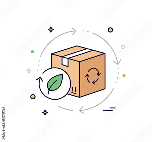 Sustainable packaging concept featuring a recyclable cardboard box with a green leaf icon and subtle circular arrows, symbolizing eco friendly materials and