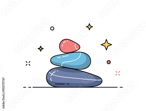 Stacked pebbles balance concept featuring three smooth stones carefully arranged one above another, symbolizing harmony, mindfulness, and stability. The