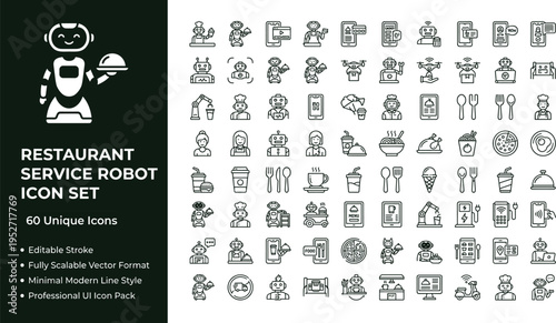 Restaurant service robot line icon set with food delivery automation robotic waiters and smart dining technology symbols