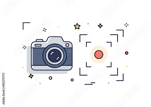 Camera framing technique illustrated by a camera icon focusing on a centered subject inside a subtle rectangular guide, communicating balance and composition