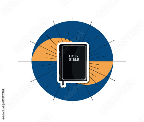 Black and white vintage Holy Bible closed and centered in composition, bold deep cobalt blue circular backdrop intersected by warm gold-orange semicircles,